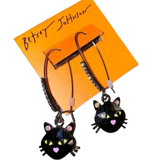 BETSEY JOHNSON Halloween Angular Cut Black Cat with Crystals Dangle Earrings NWT - Picture 5 of 8